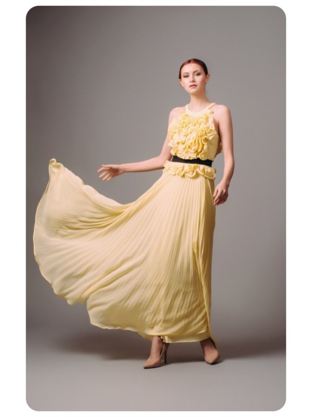 BCBGMaxAzria Yellow Ruffles Pleated Sleeveless Maxi Dress sz 4 - Picture 2 of 12